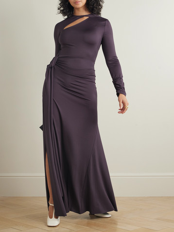 Victoria Beckham Tie-detailed gathered cut-out stretch-jersey gown