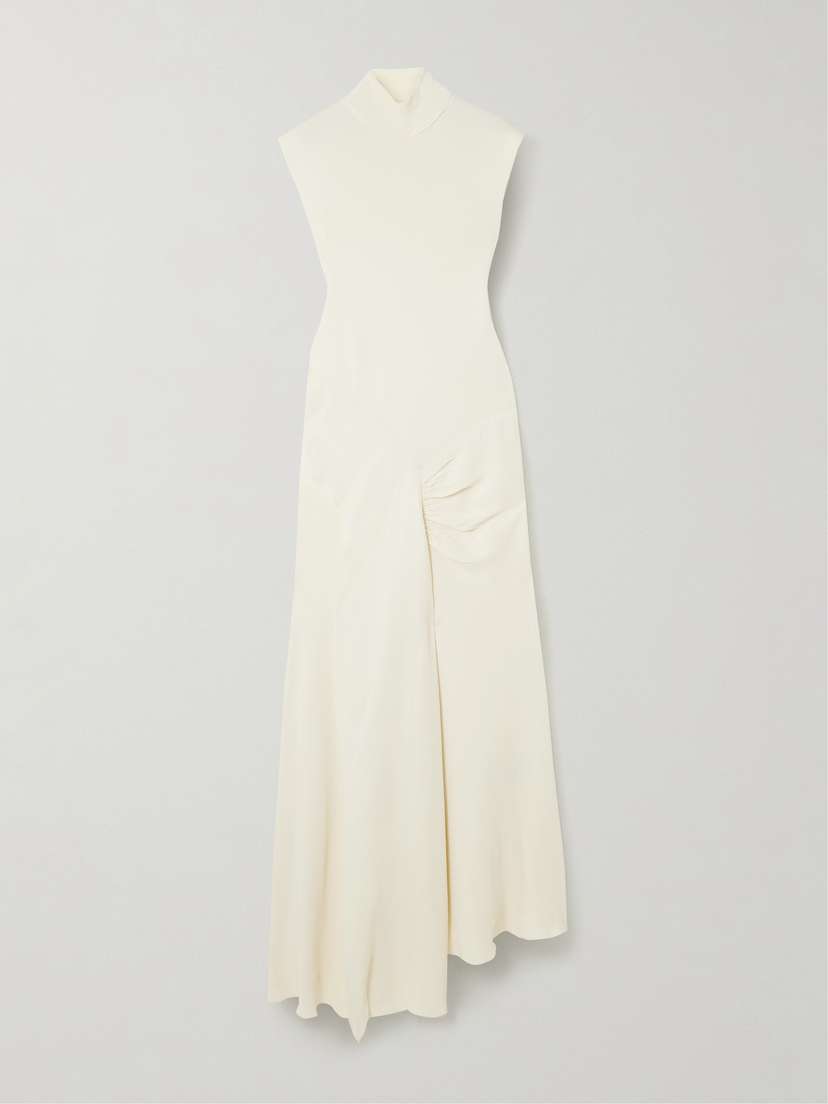 Victoria Beckham Asymmetric Ribbed-knit And Draped Crepe Turtleneck Dress