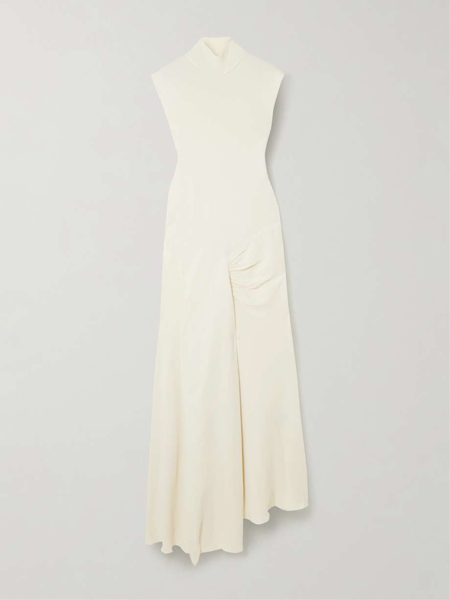 asymmetric ribbed-knit and draped crepe turtleneck dress