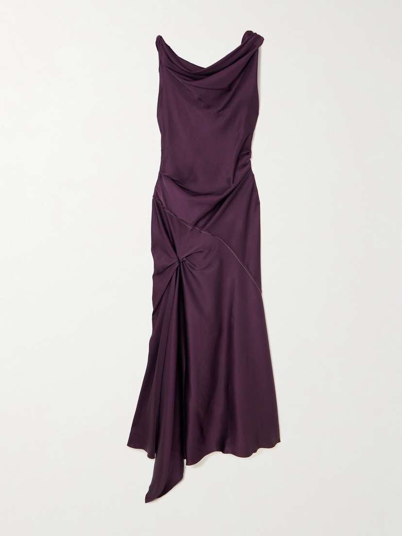 Victoria Beckham Asymmetric Paneled Draped Gathered Satin Midi Dress