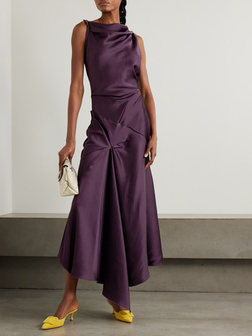 Victoria Beckham Asymmetric paneled draped gathered satin midi dress