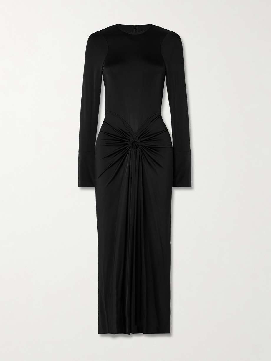 gathered satin-jersey midi dress