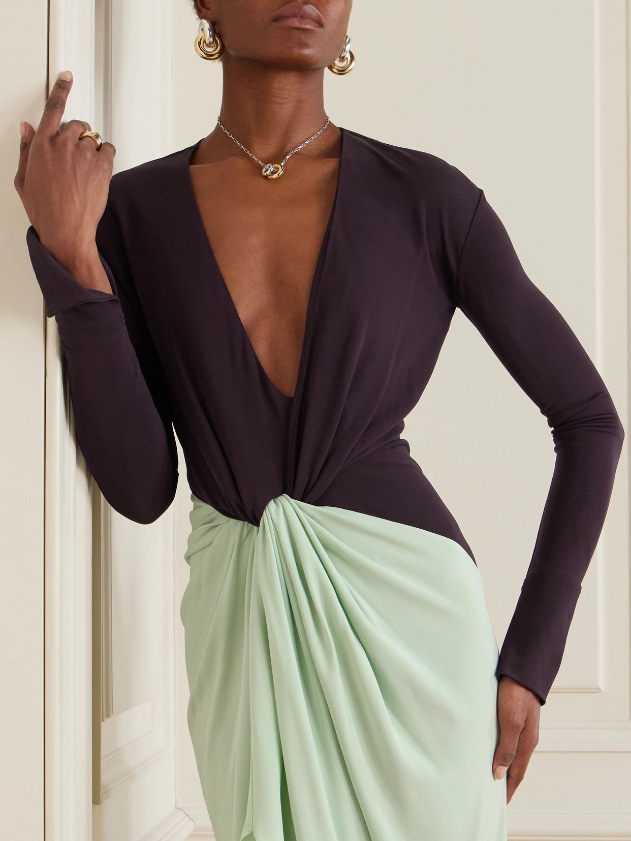 Victoria Beckham Colorblock Knot Detail Jersey Gown In Purple