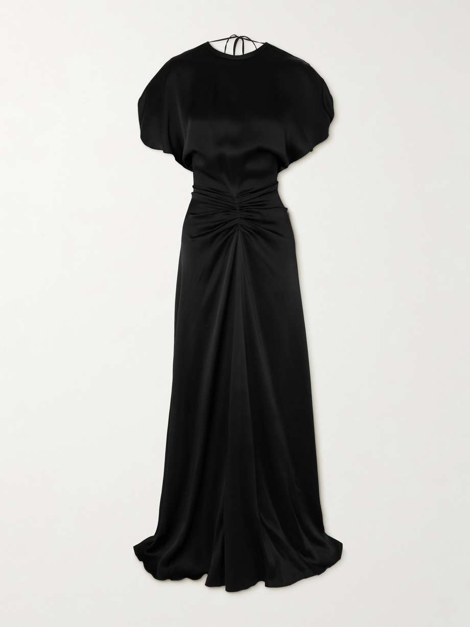 gathered open-back satin maxi dress