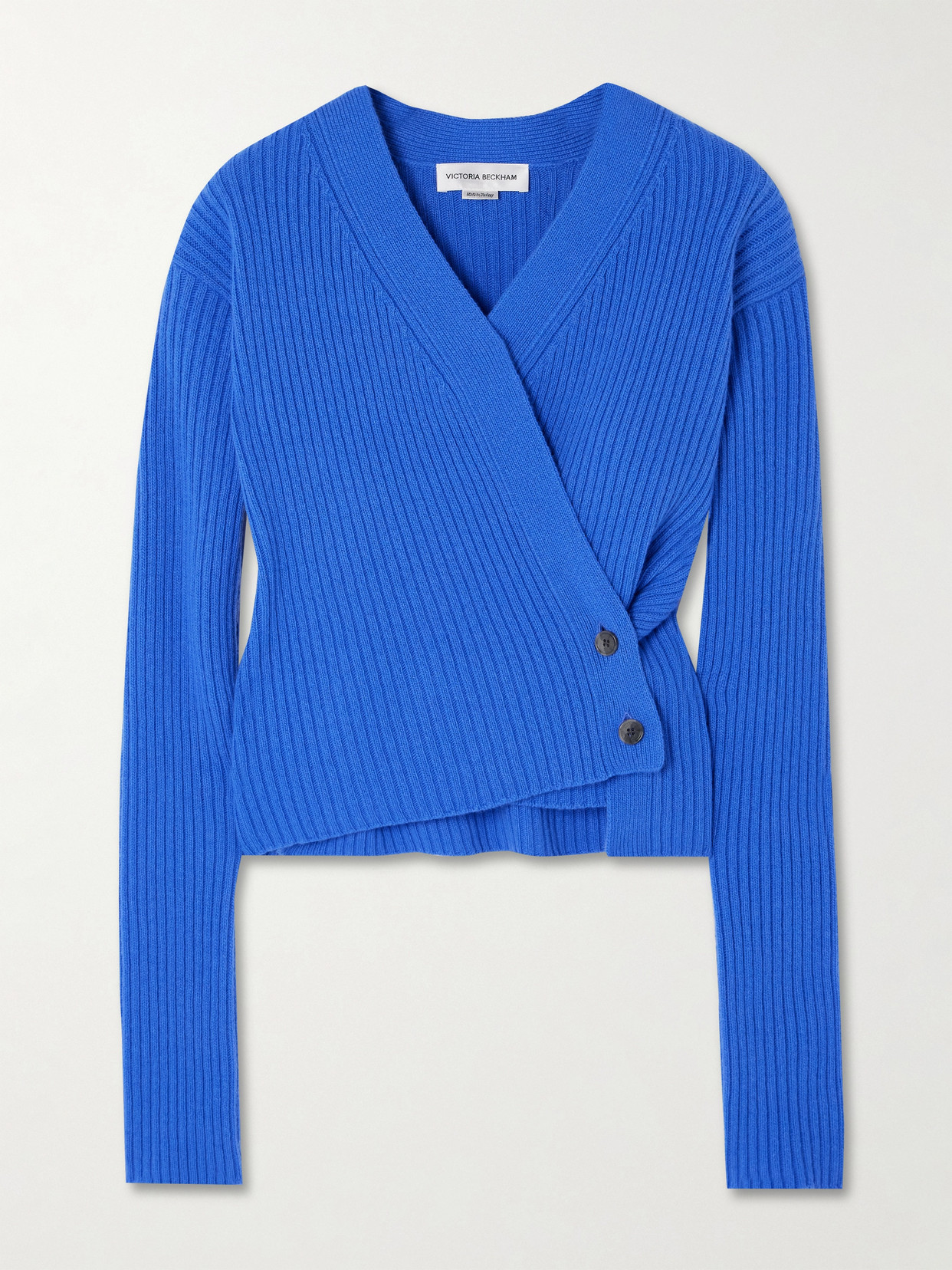 Victoria Beckham Wrap-effect Ribbed Wool And Cashmere-blend Cardigan In Blue