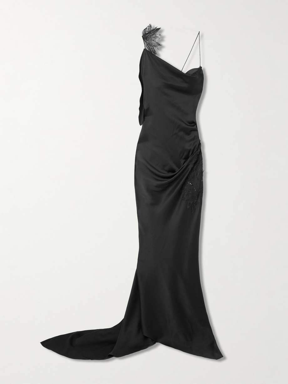 asymmetric draped sequin-embellished lace-trimmed satin gown