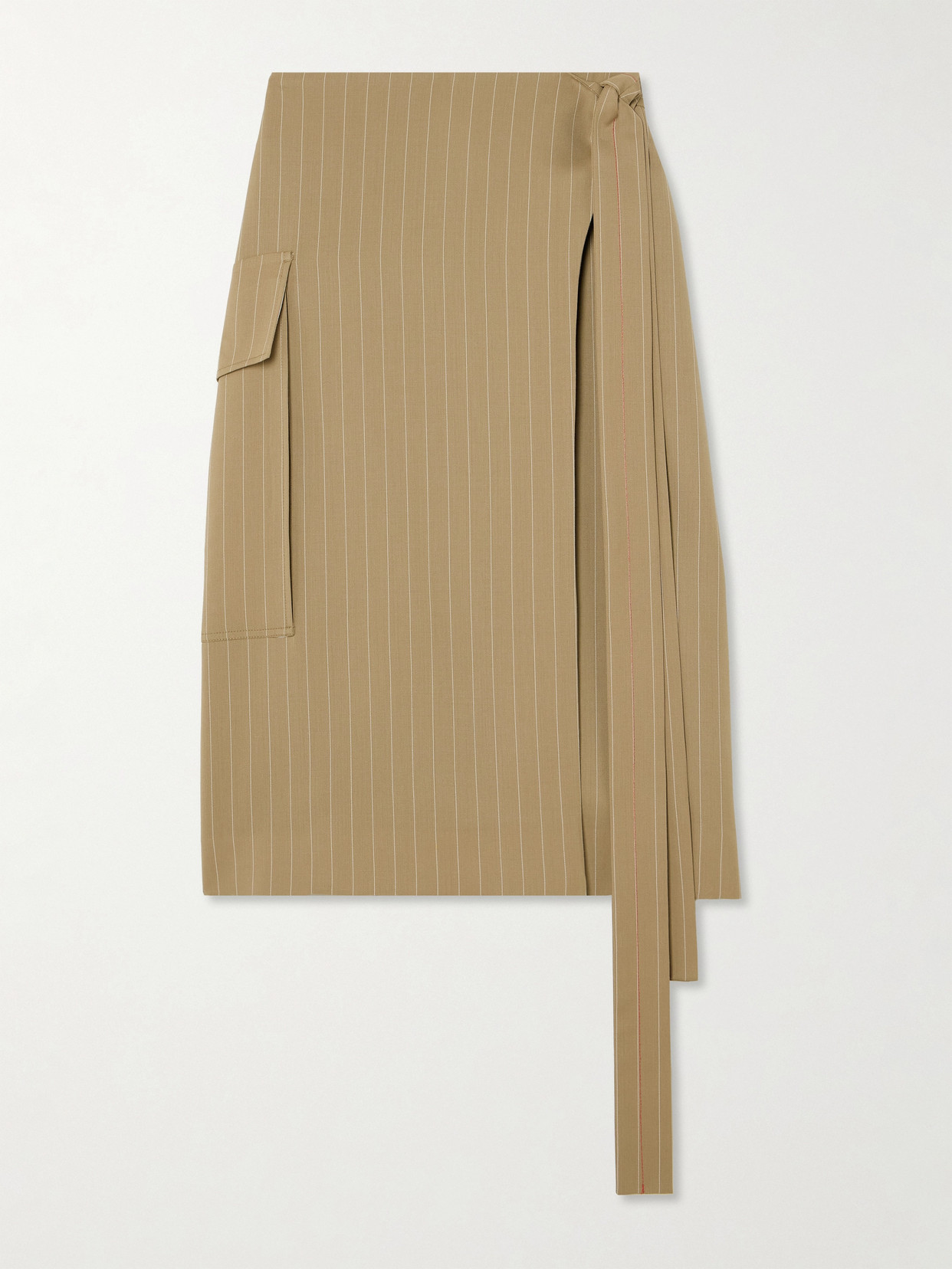 Victoria Beckham Tie-detailed Pinstriped Wool-twill Midi Wrap Skirt In Neutrals