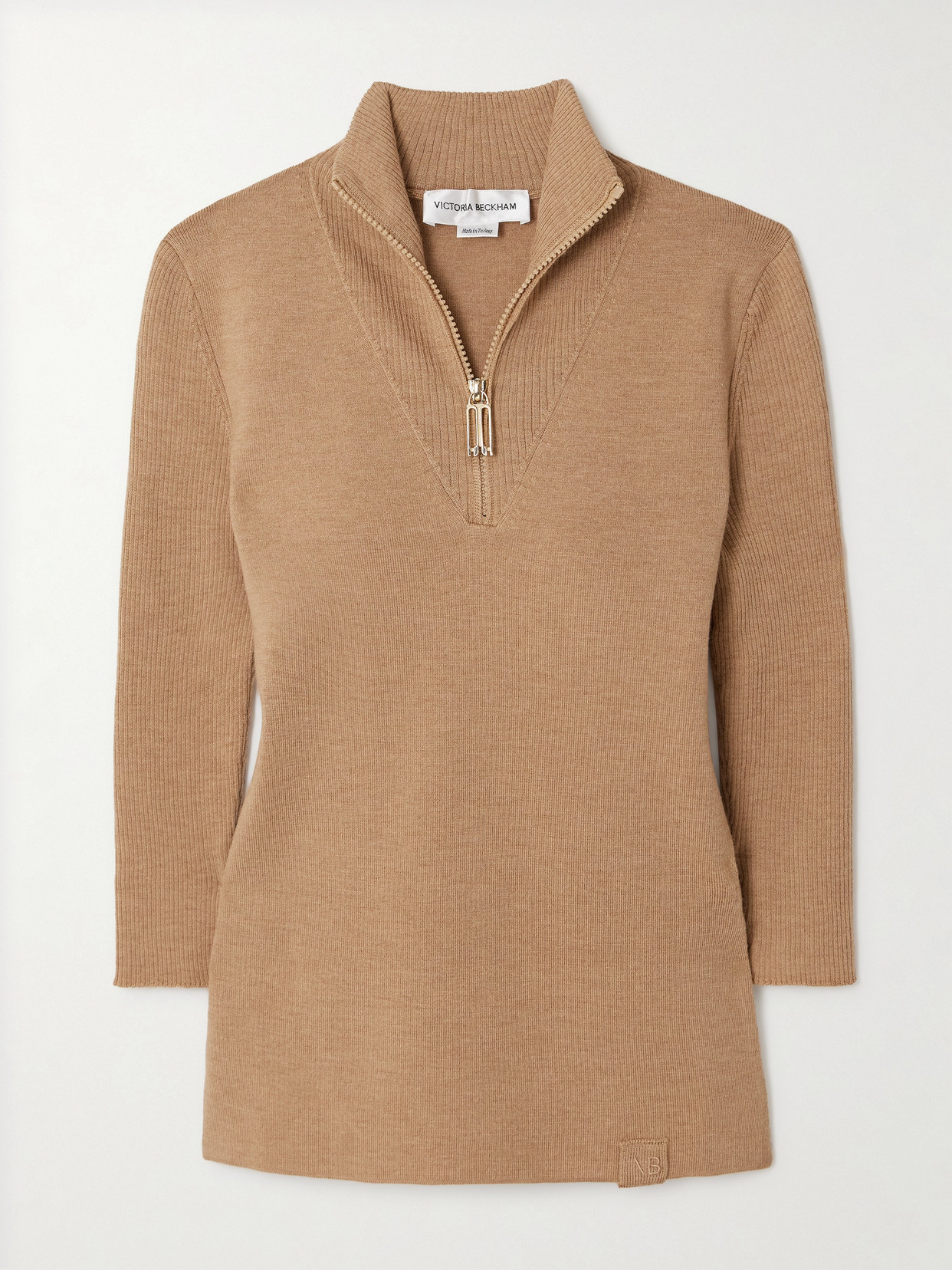 Victoria Beckham Ribbed Merino Wool-blend Half-zip Sweater In Neutrals
