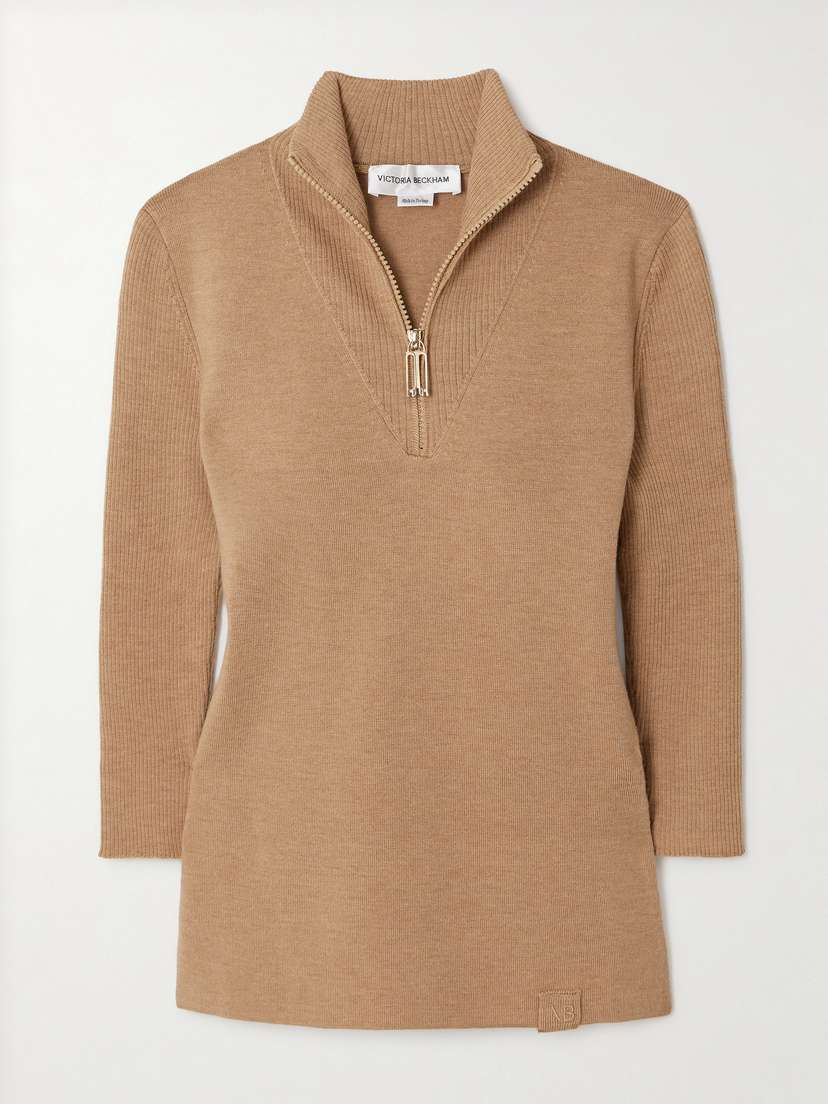 Victoria Beckham Ribbed Merino Wool-blend Half-zip Sweater
