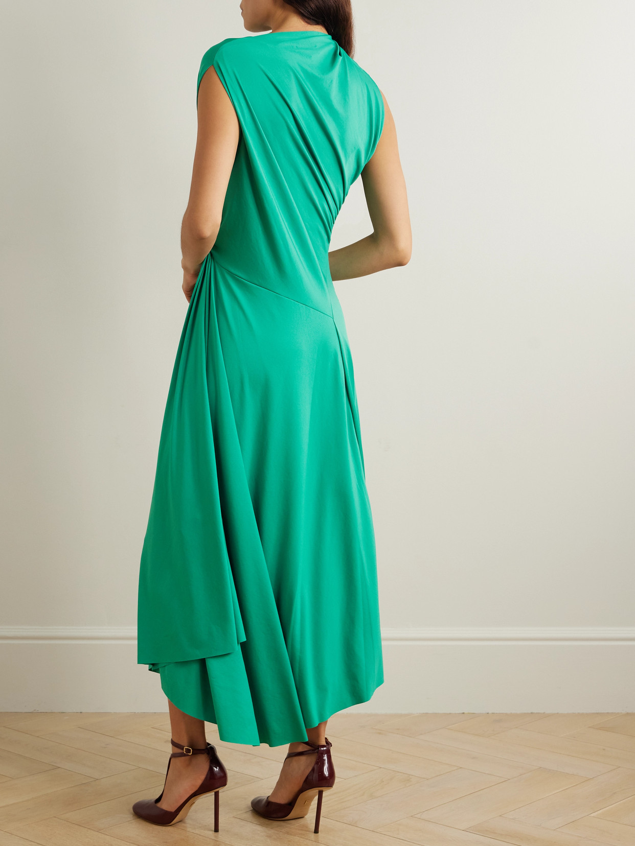 Victoria Beckham Green Long Dress With Pleated Details In Tech Fabric Woman In Green