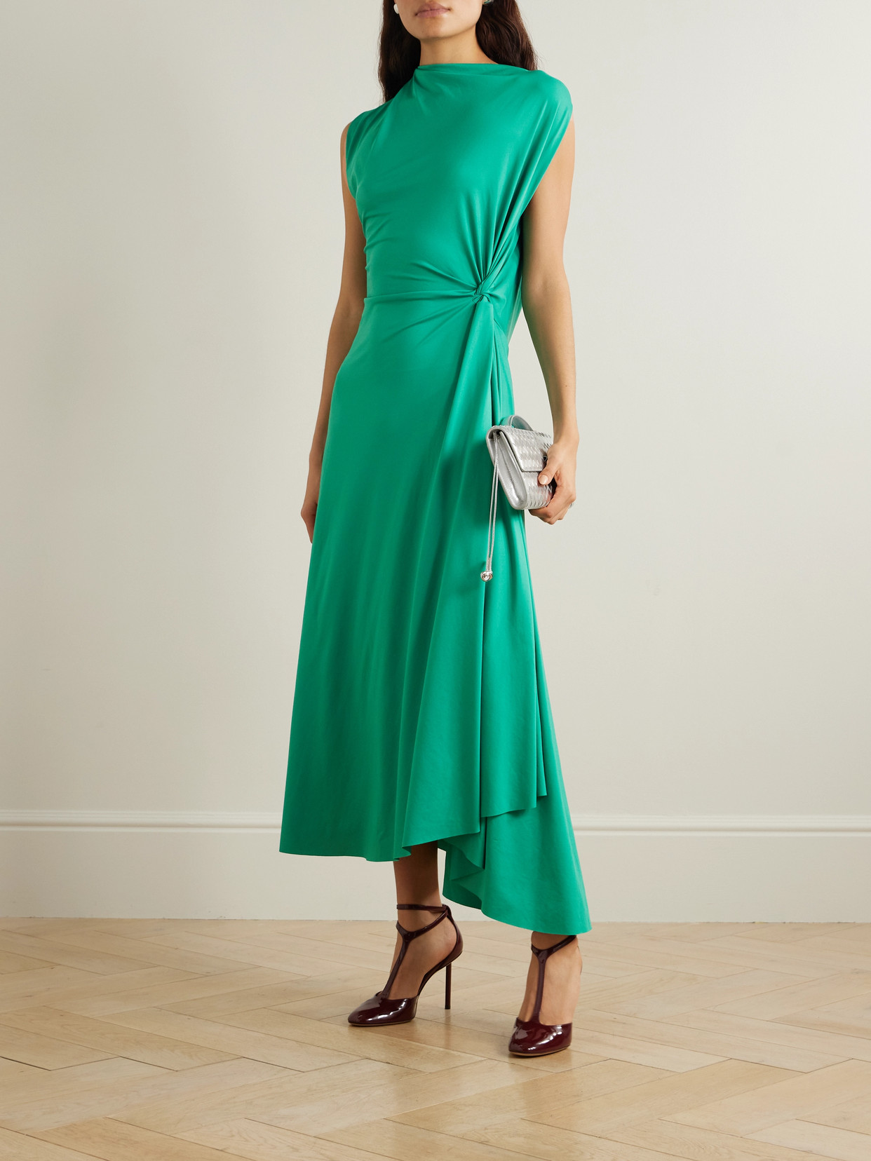 Victoria Beckham Green Long Dress With Pleated Details In Tech Fabric Woman In Green