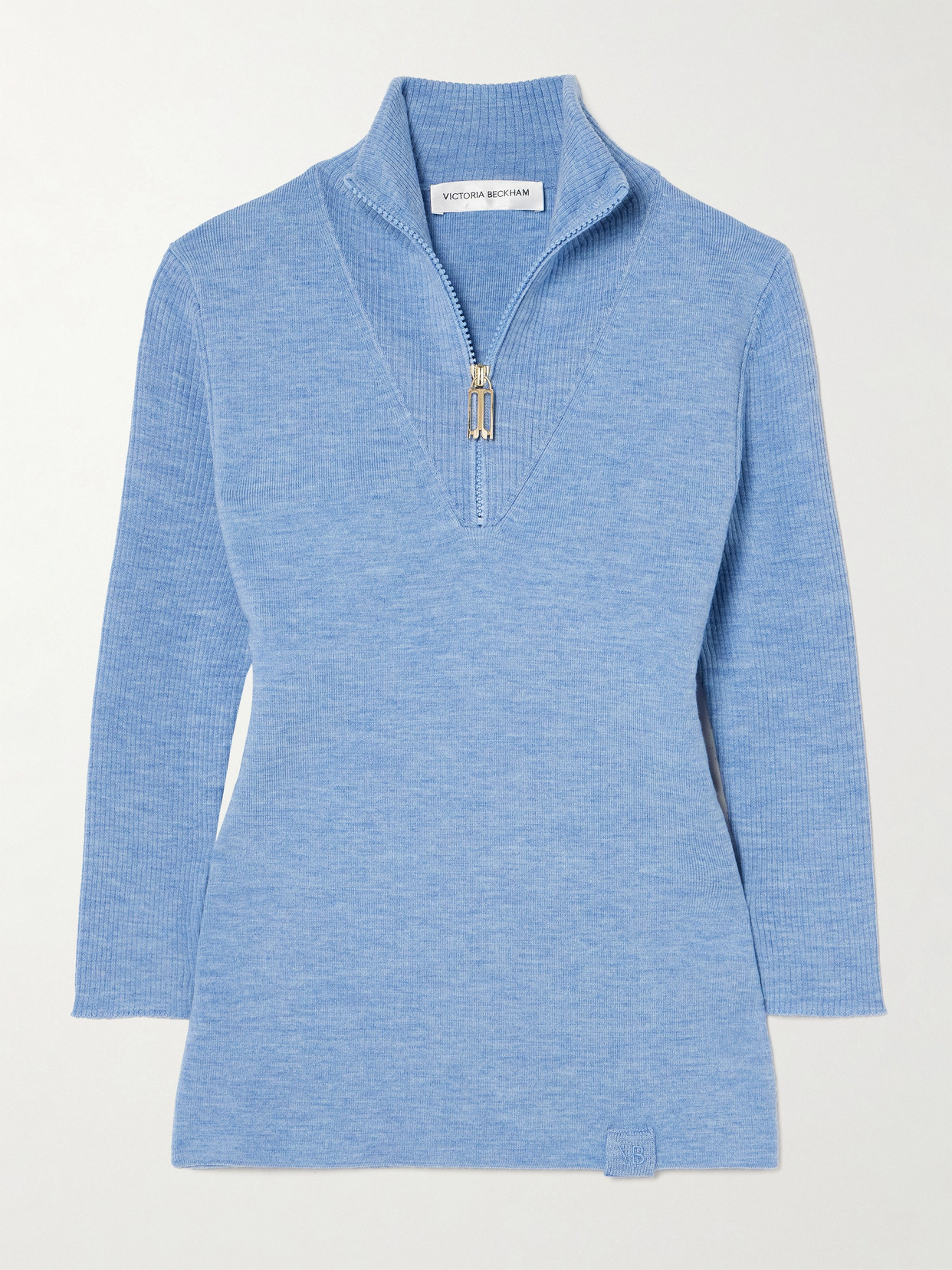 Victoria Beckham Ribbed Merino Wool-blend Half-zip Sweater In Blue