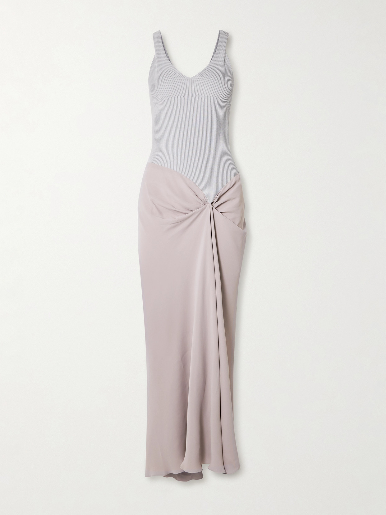 VICTORIA BECKHAM DRAPED PLEATED RIBBED-KNIT AND CREPE MIDI DRESS