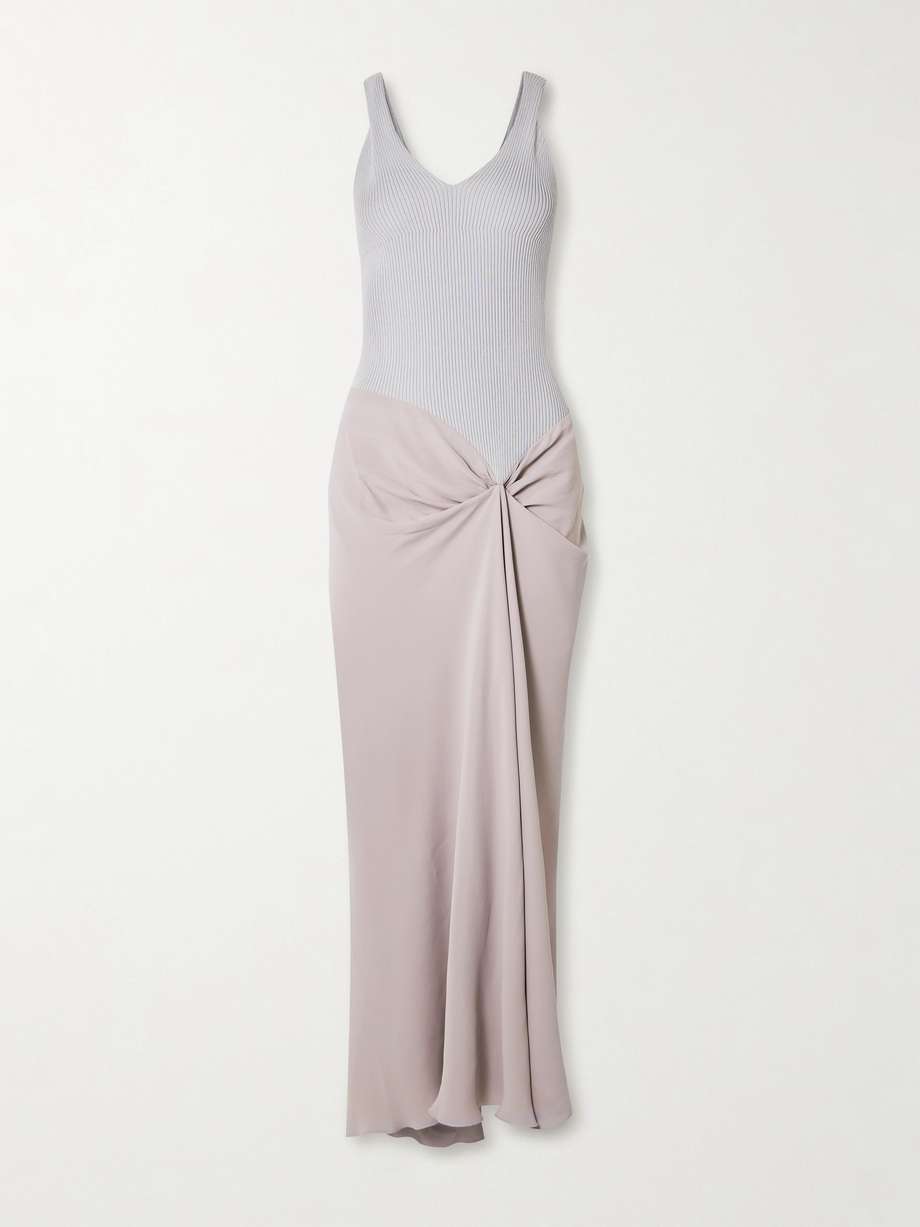 draped pleated ribbed-knit and crepe midi dress