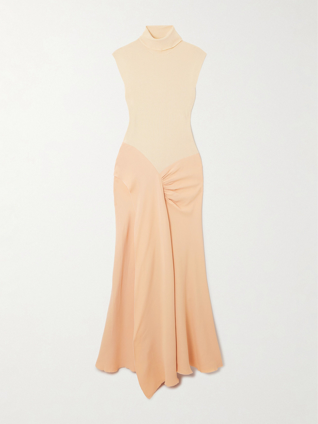 Victoria Beckham Asymmetric Draped Gathered Ribbed-knit And Crepe Midi Dress In Orange