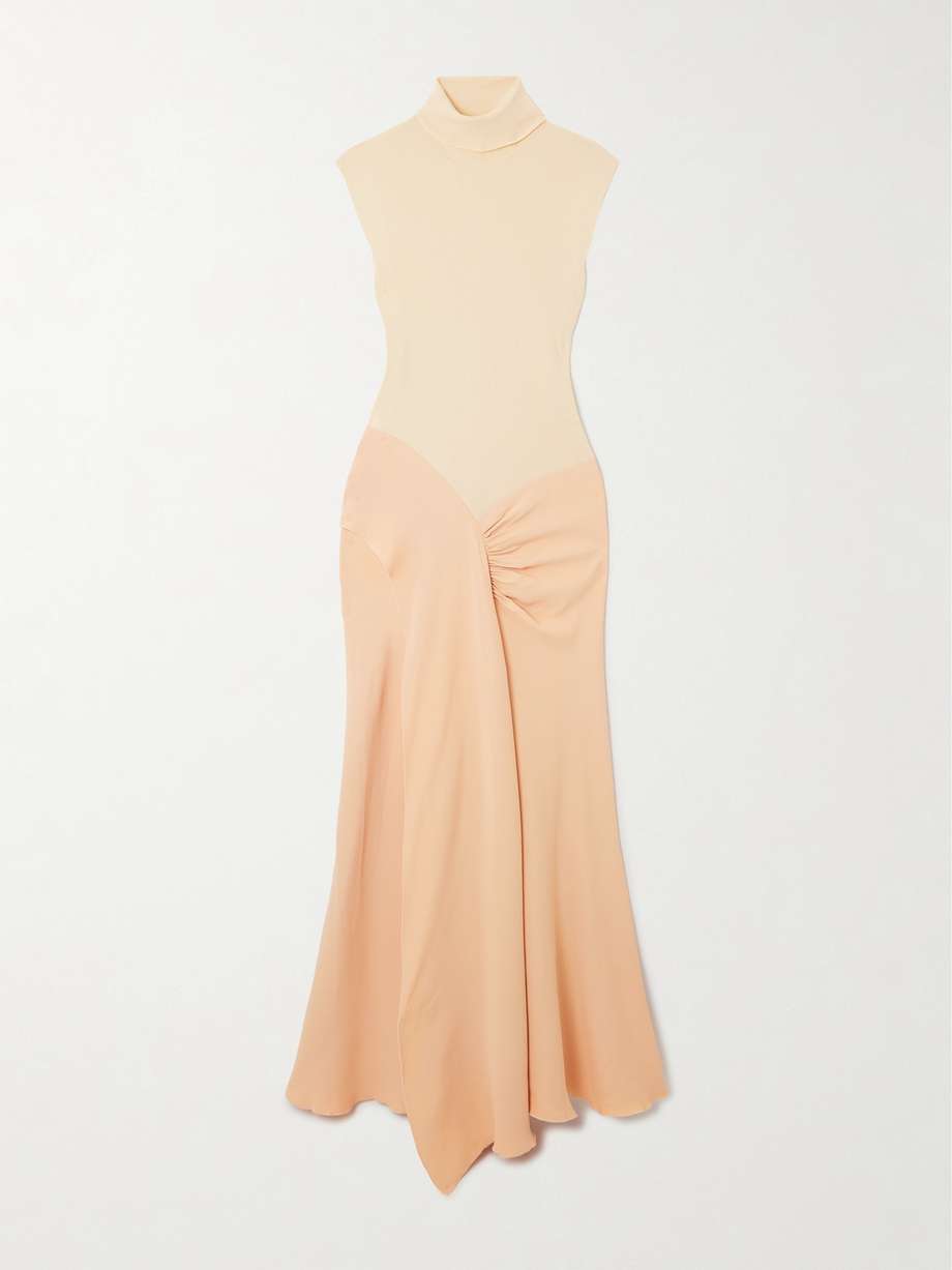 asymmetric draped gathered ribbed-knit and crepe midi dress