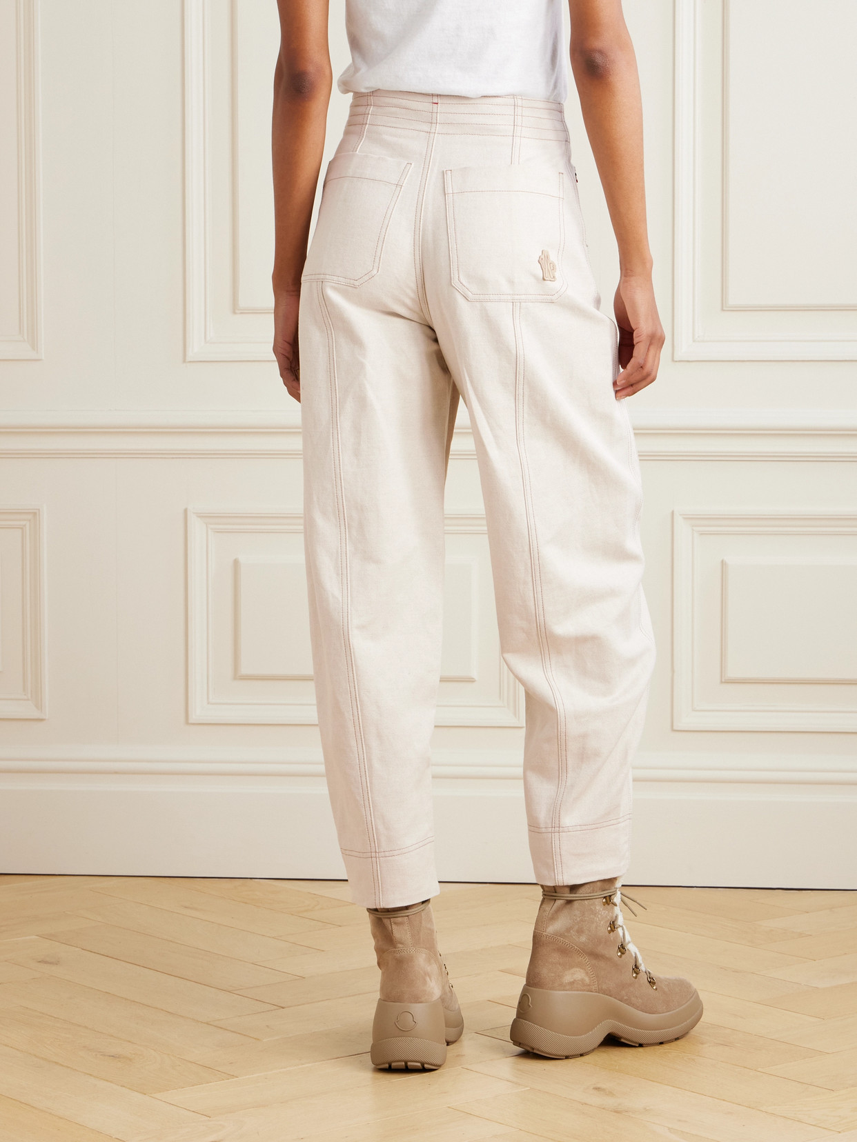 Moncler Eyelet-embellished Cotton And Linen-blend Canvas Tapered Cargo Pants In Neutrals