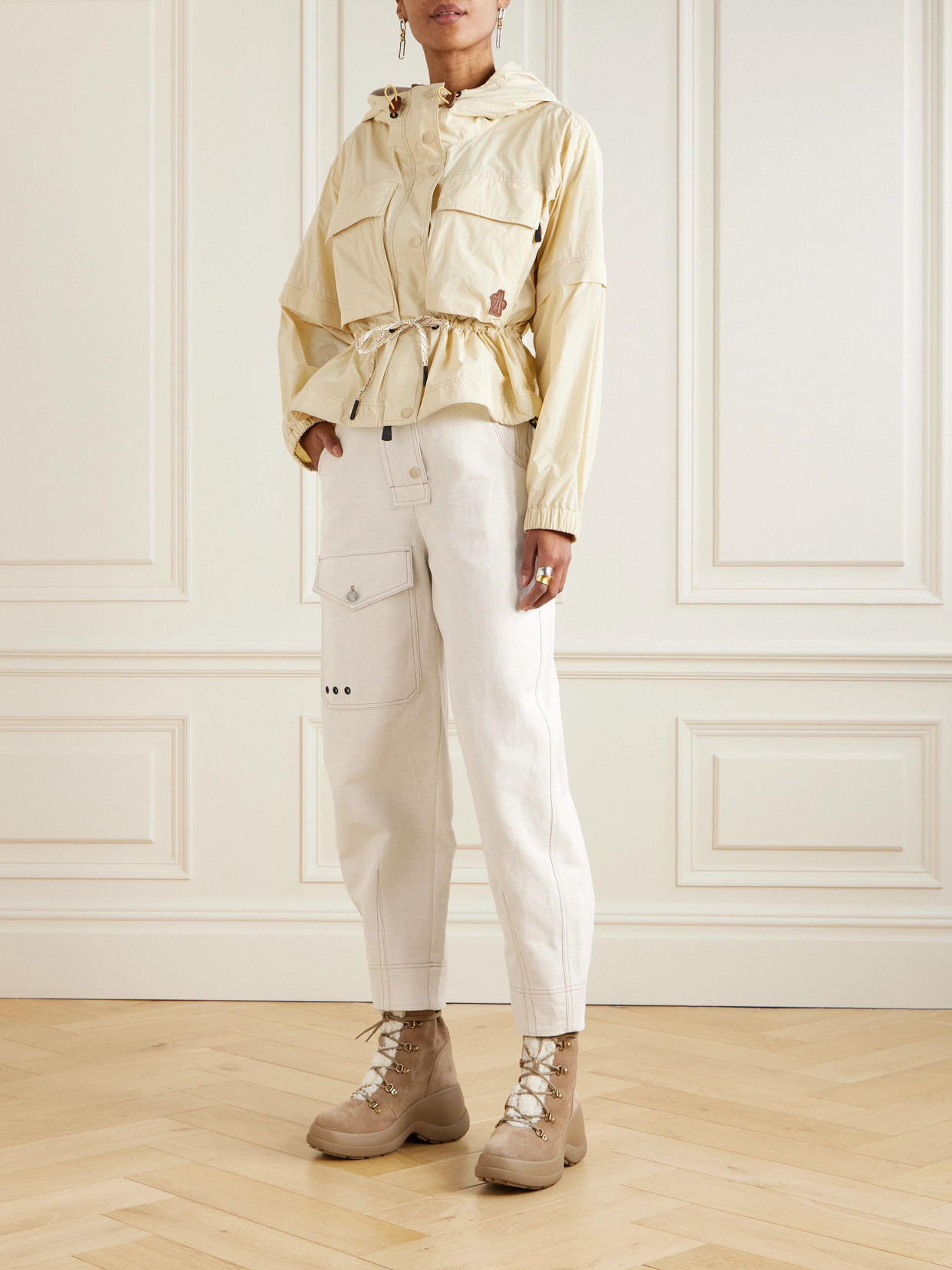 Moncler Eyelet-embellished Cotton And Linen-blend Canvas Tapered Cargo Pants In Neutrals