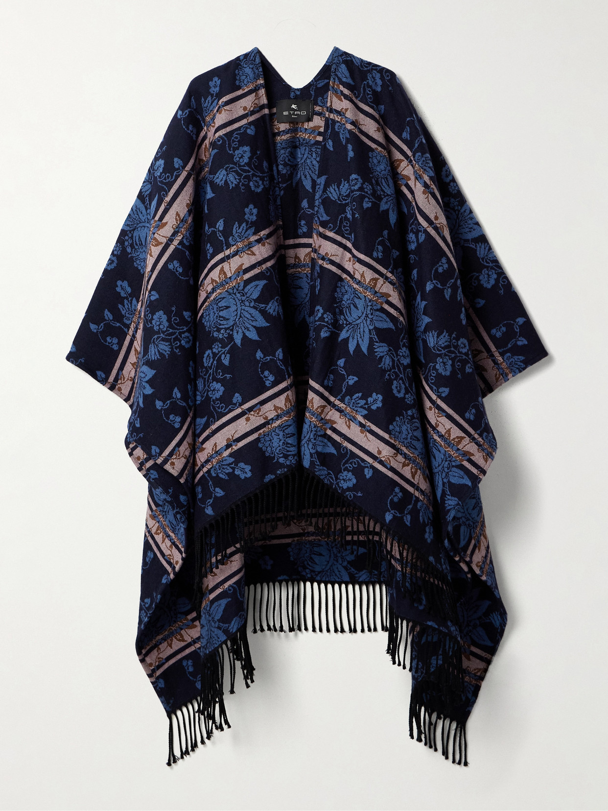 Etro Fringed Wool And Cotton-blend Jacquard Wrap In Blue