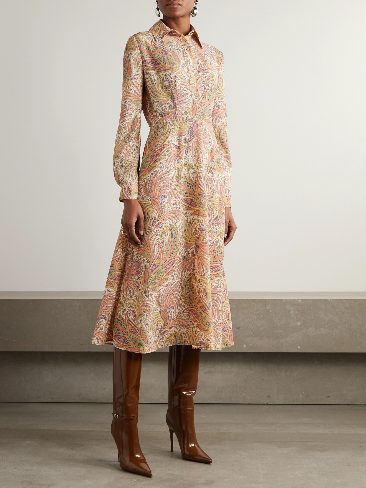 Etro Printed Stretch-crepe Midi Dress In Brown