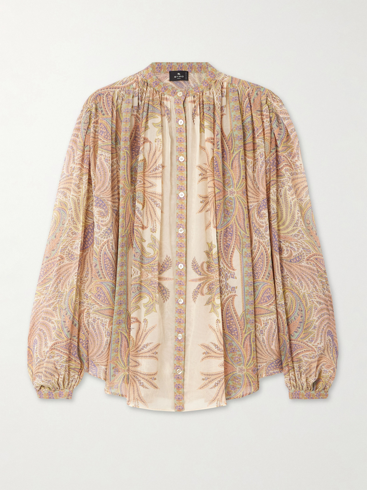 Etro Gathered Paisley-print Silk-chiffon Blouse In Neutrals