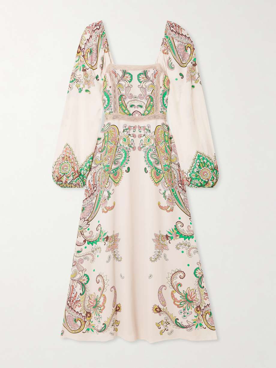 lace-trimmed printed crepe de chine midi dress