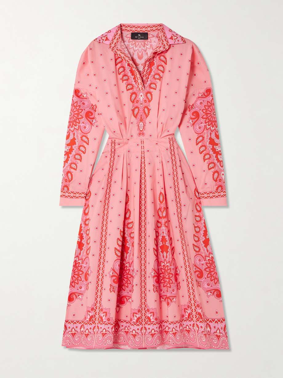 pleated printed cotton-blend poplin midi shirt dress