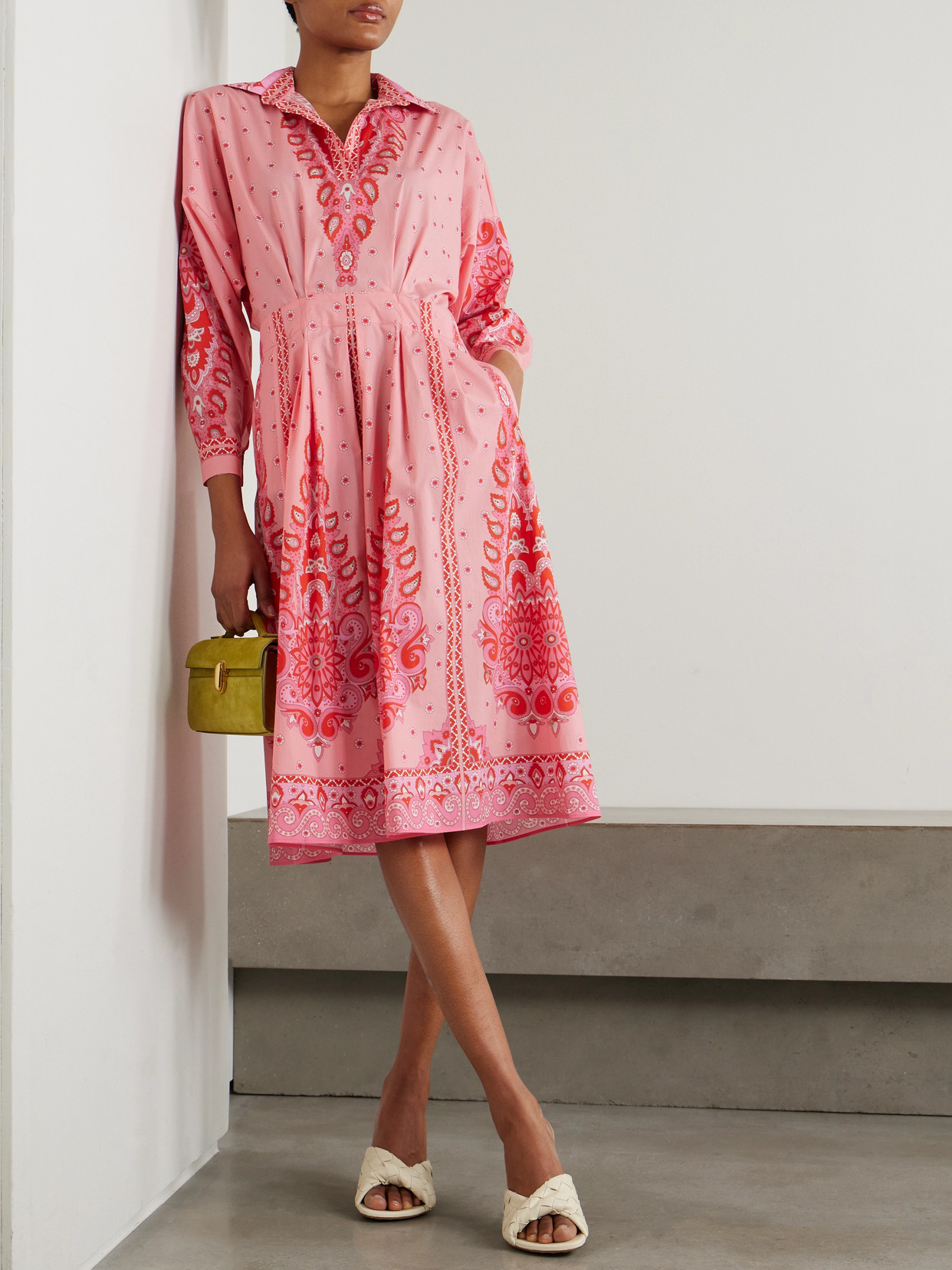 Etro Floral-patterned Stretch Cotton Midi Dress With V-neck In Pink