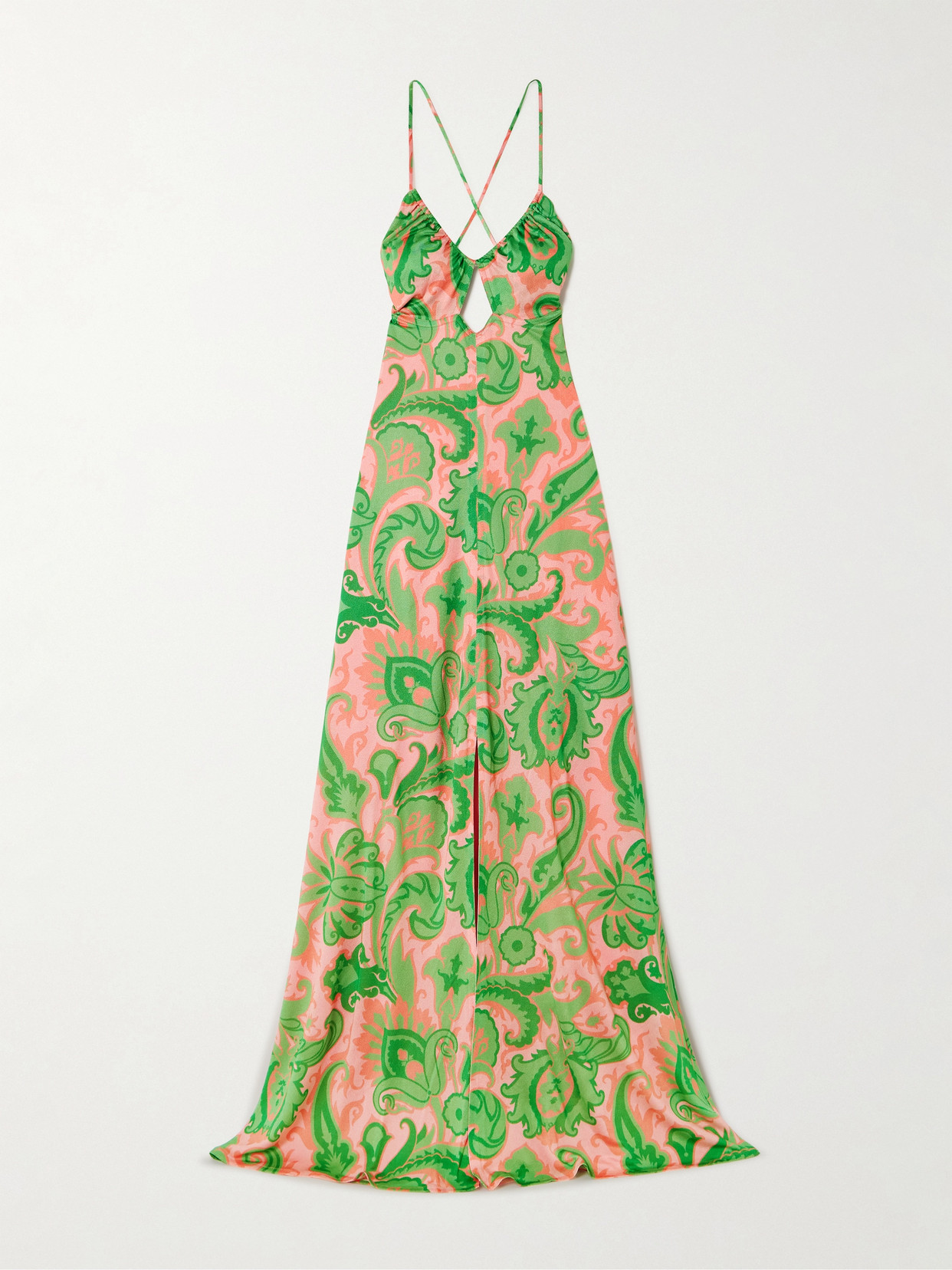 Etro Cutout Printed Satin Maxi Dress In Green