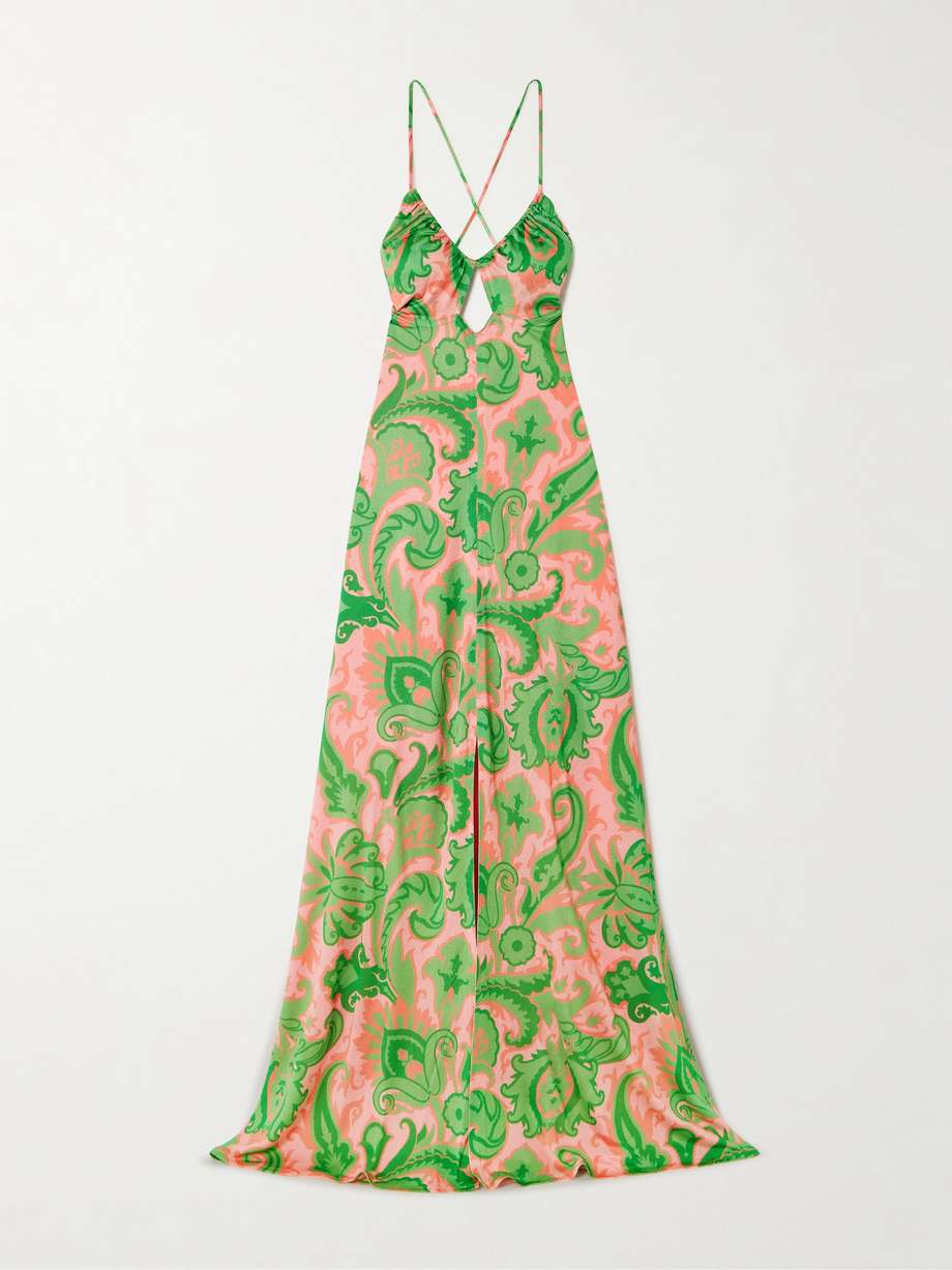 cutout printed satin maxi dress