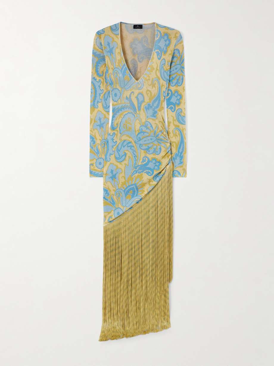 fringed printed metallic knitted dress