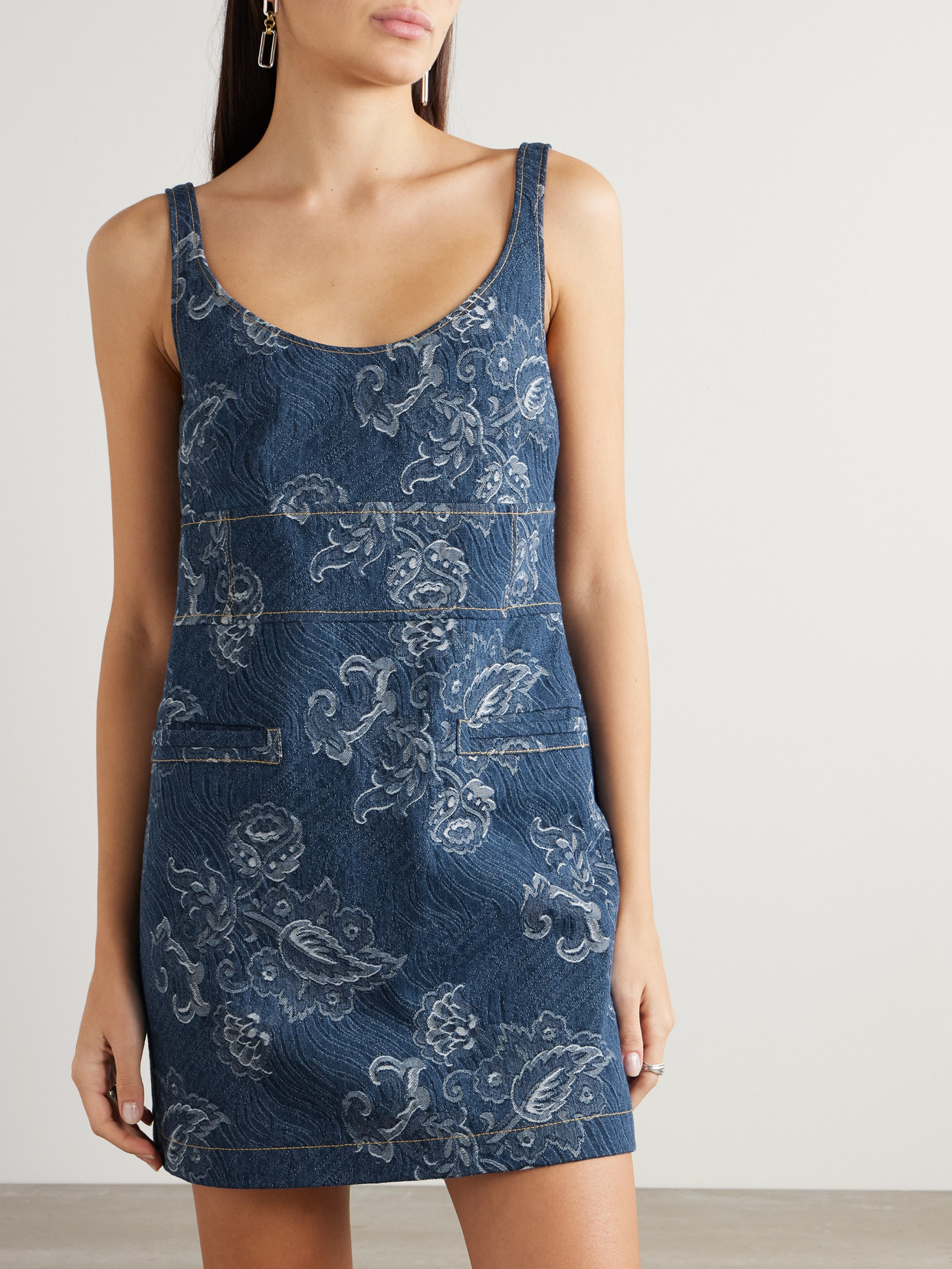 Shop Etro Denim-jacquard Mini Dress In Blue