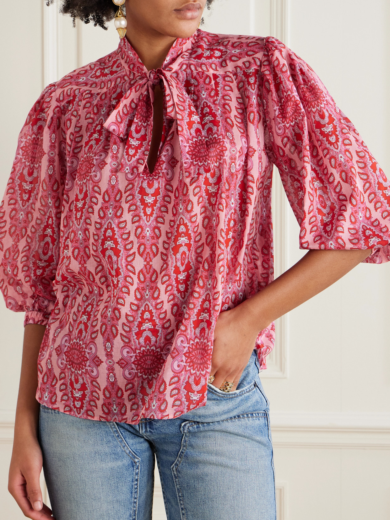 ETRO PUSSY-BOW PLEATED PAISLEY-PRINT COTTON-POPLIN BLOUSE