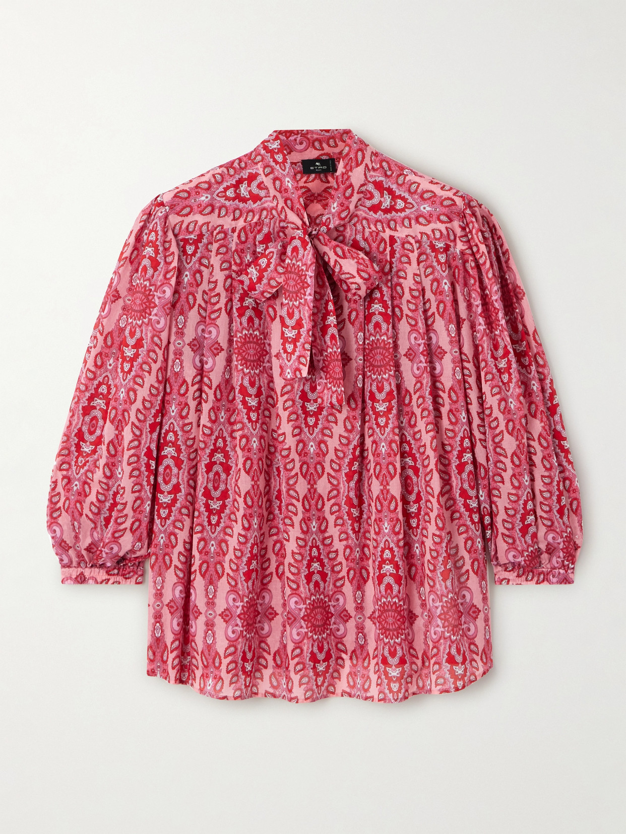 Etro Pussy-bow Pleated Paisley-print Cotton-poplin Blouse In Pink