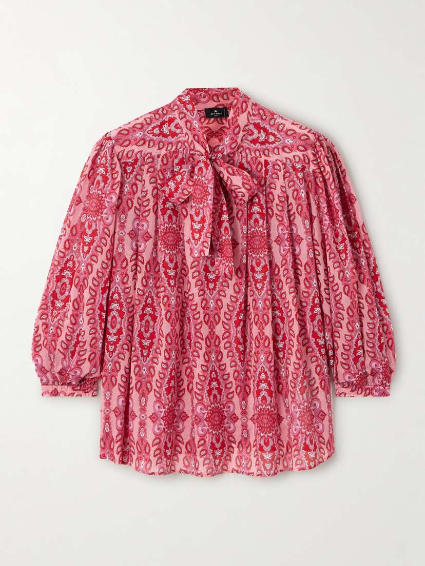Etro Pussy-bow Pleated Paisley-print Cotton-poplin Blouse
