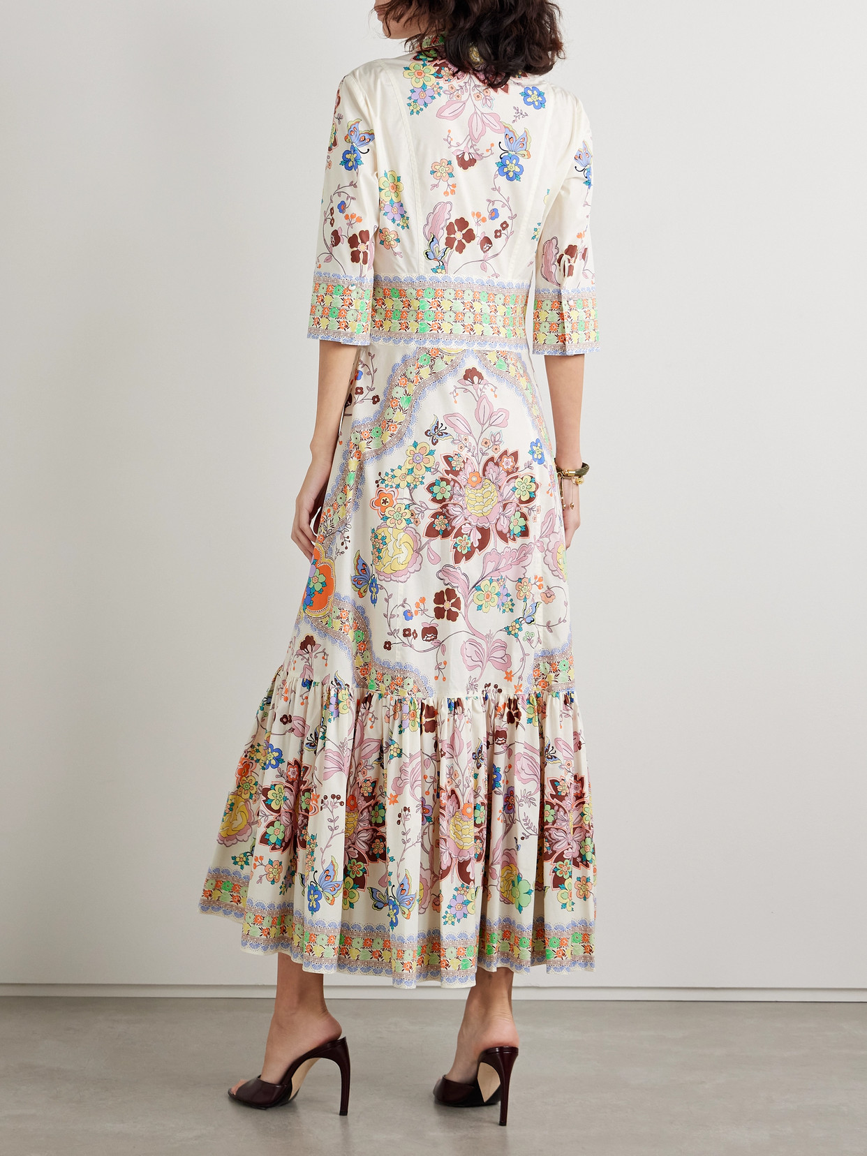 ETRO GATHERED FLORAL-PRINT COTTON-BLEND POPLIN MIDI DRESS