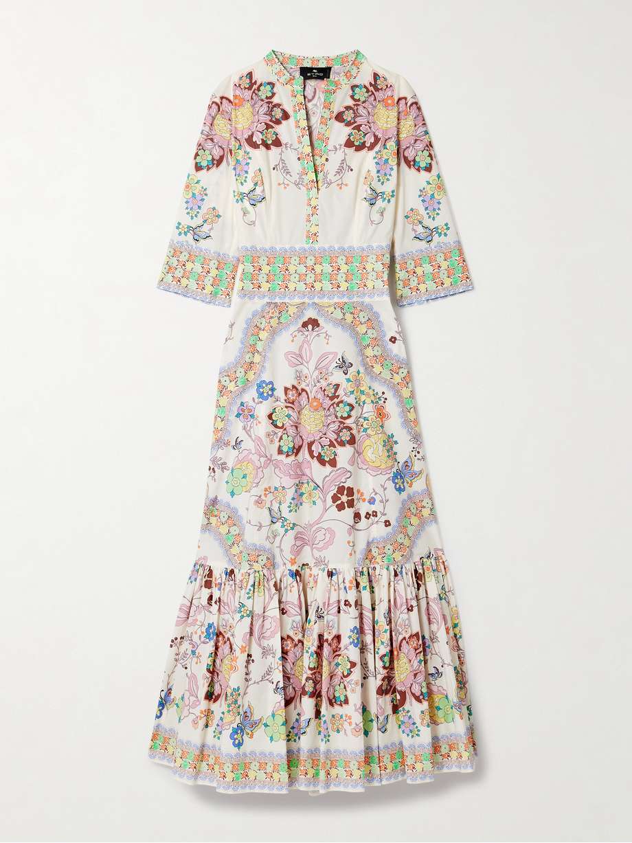 gathered floral-print cotton-blend poplin midi dress