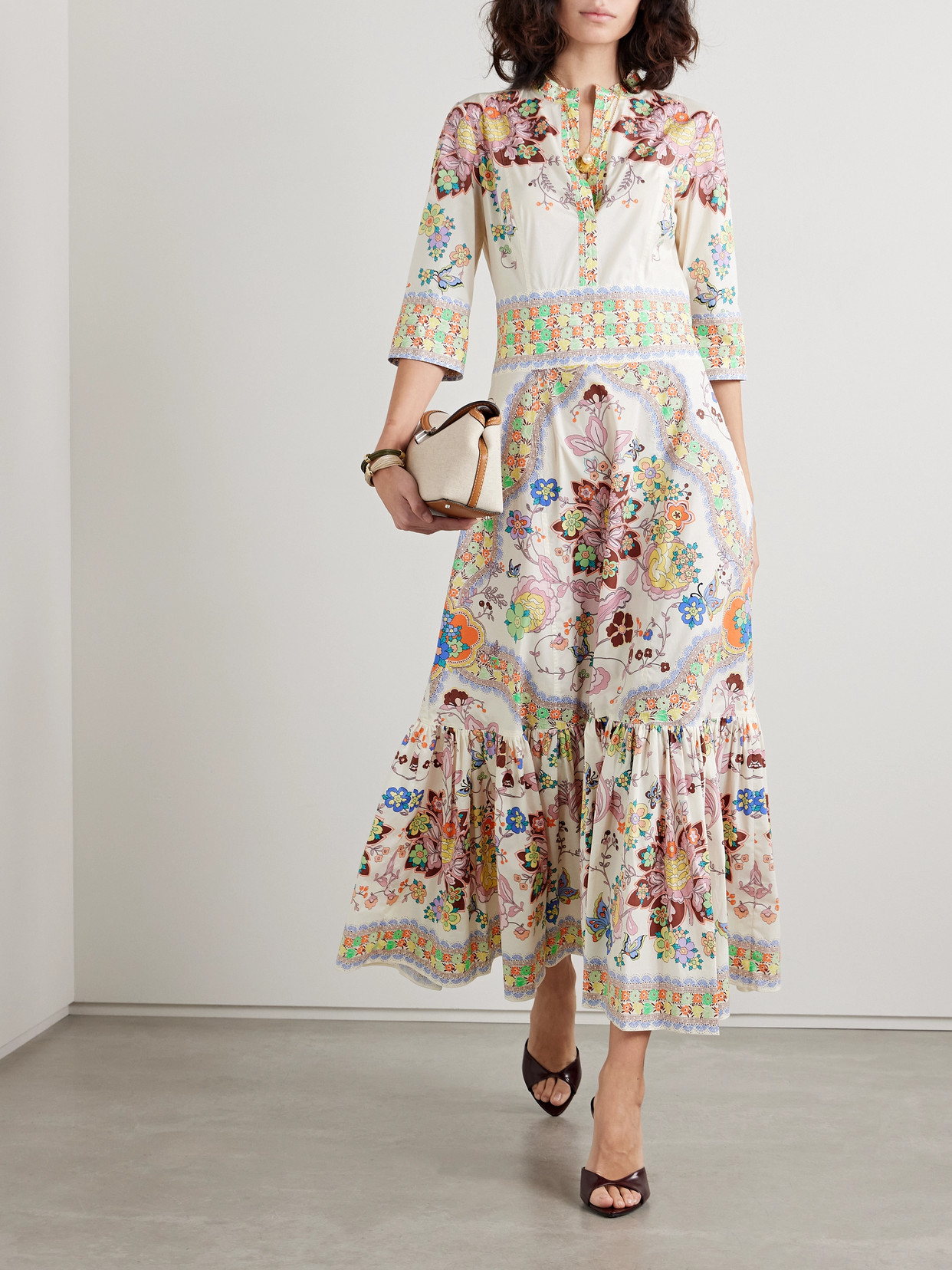 ETRO GATHERED FLORAL-PRINT COTTON-BLEND POPLIN MIDI DRESS