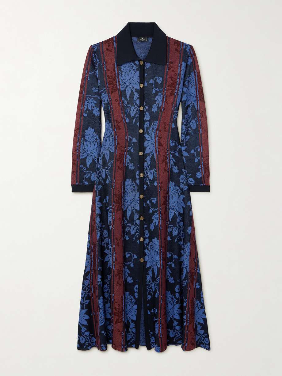 floral jacquard-knit midi shirt dress