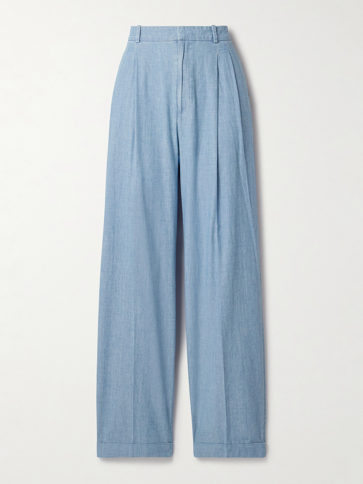 Polo Ralph Lauren Pleated Cotton-chambray Wide-leg Pants In Blue