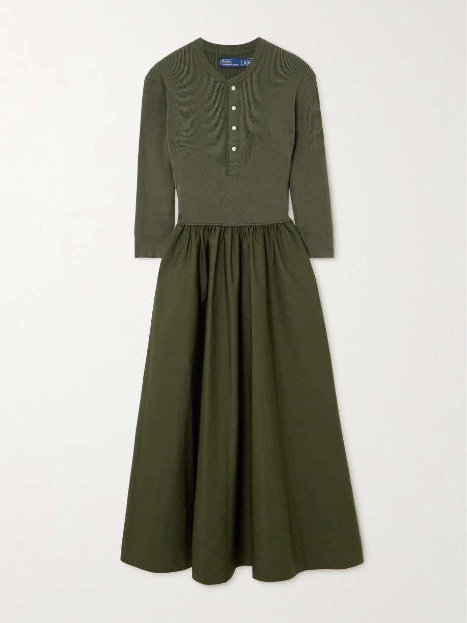 ribbed-knit and cotton-poplin midi dress