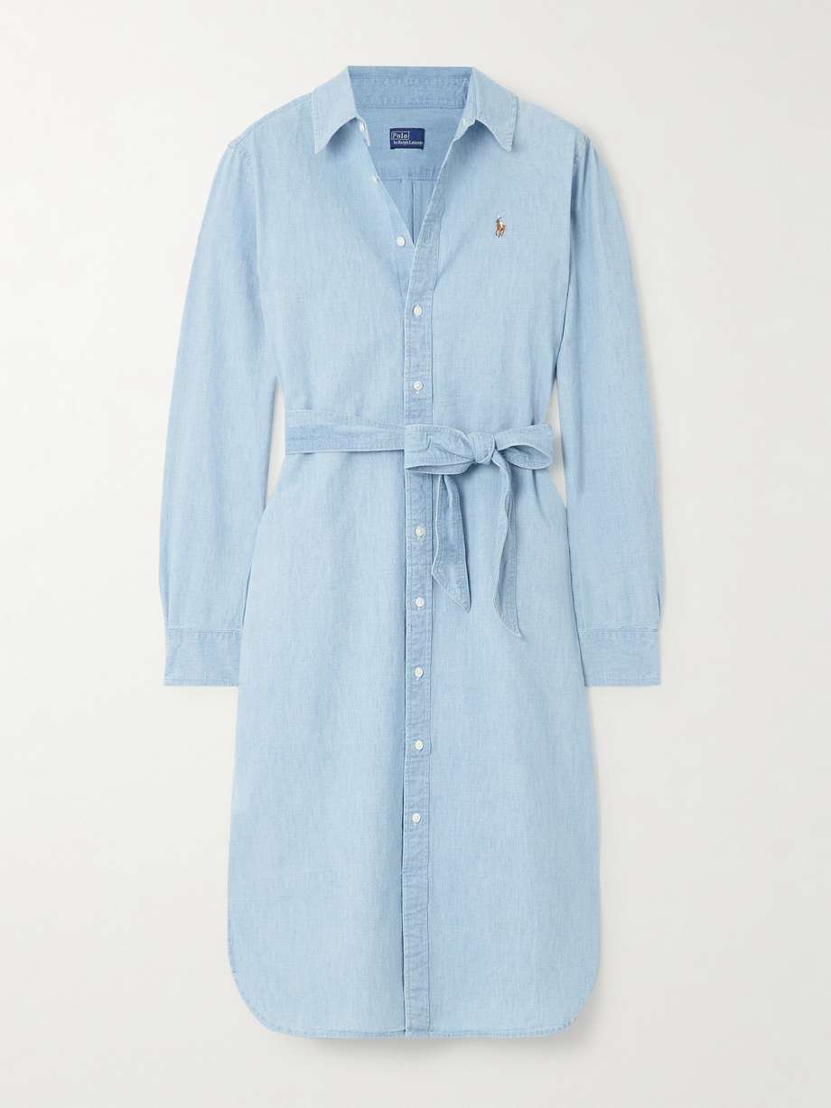 cory embroidered belted cotton-chambray midi shirt dress