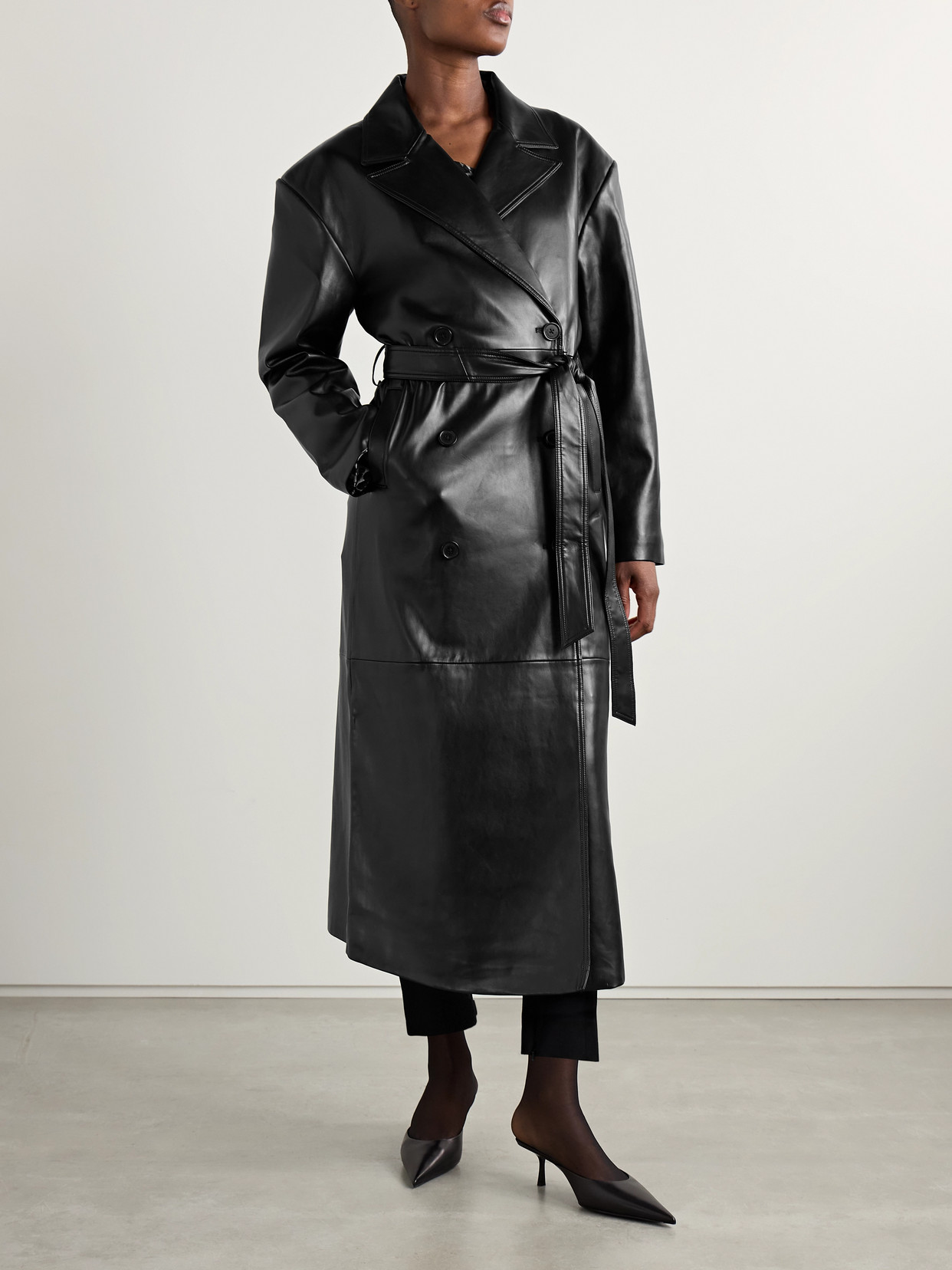 THE FRANKIE SHOP TINA BELTED DOUBLE-BREASTED FAUX LEATHER TRENCH COAT