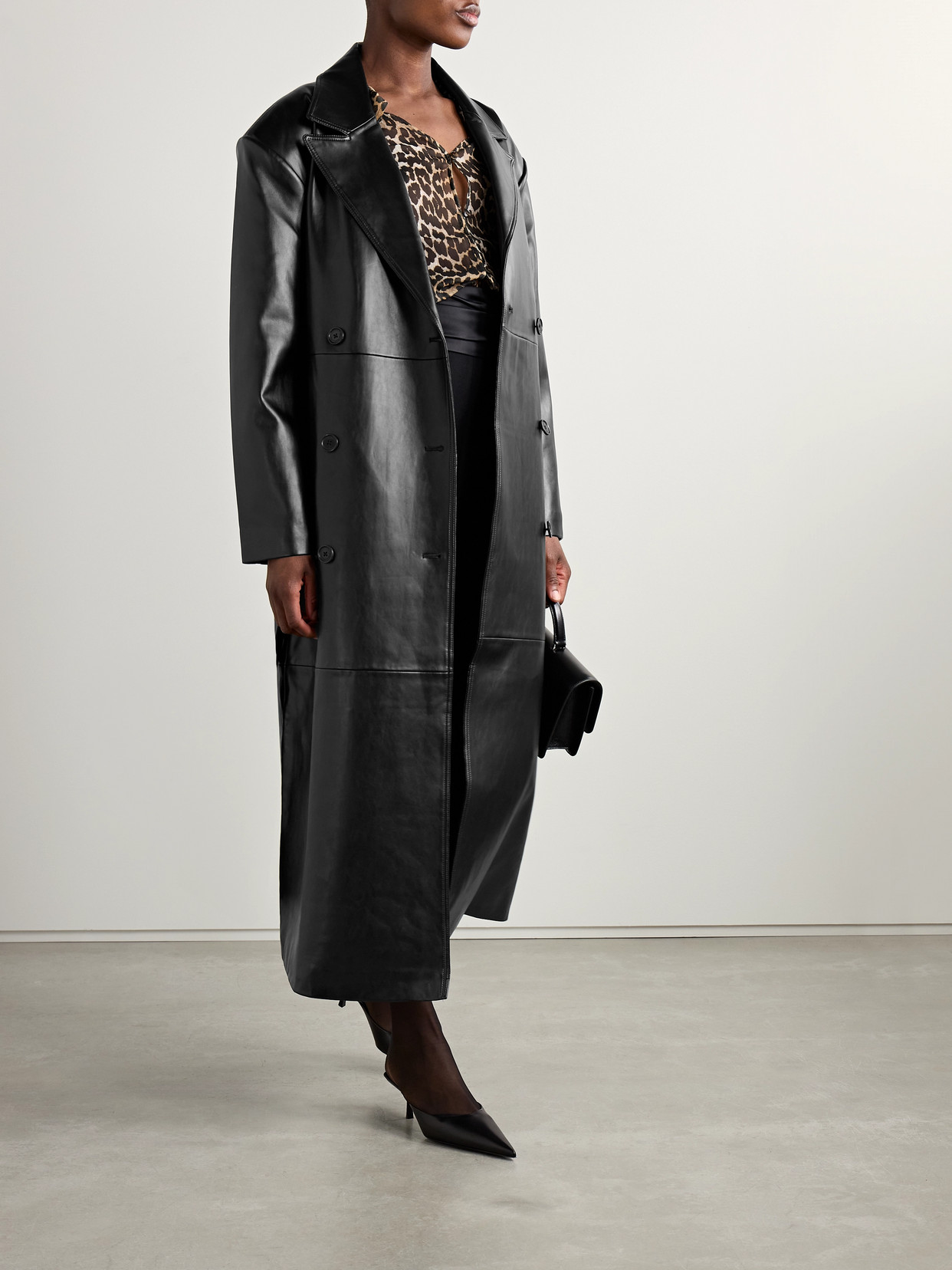 THE FRANKIE SHOP TINA BELTED DOUBLE-BREASTED FAUX LEATHER TRENCH COAT