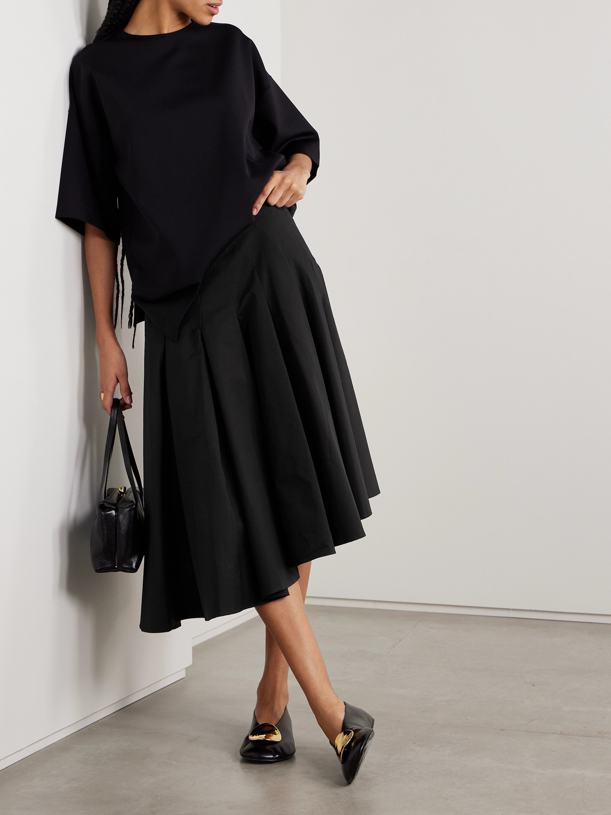 Fforme Cotton Rio Asymmetrical Pleated Midi Skirt In Black