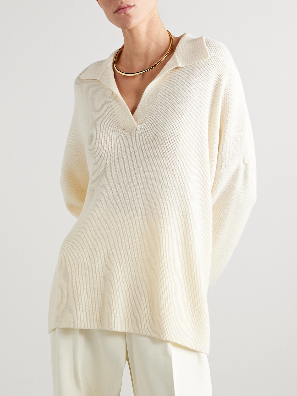 FFORME LOUISE RIBBED MERINO WOOL AND CASHMERE-BLEND POLO SWEATER
