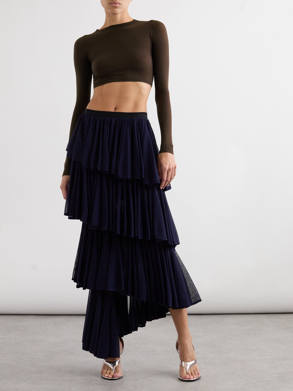 Alaïa Paneled Cropped Jersey Top In Brown