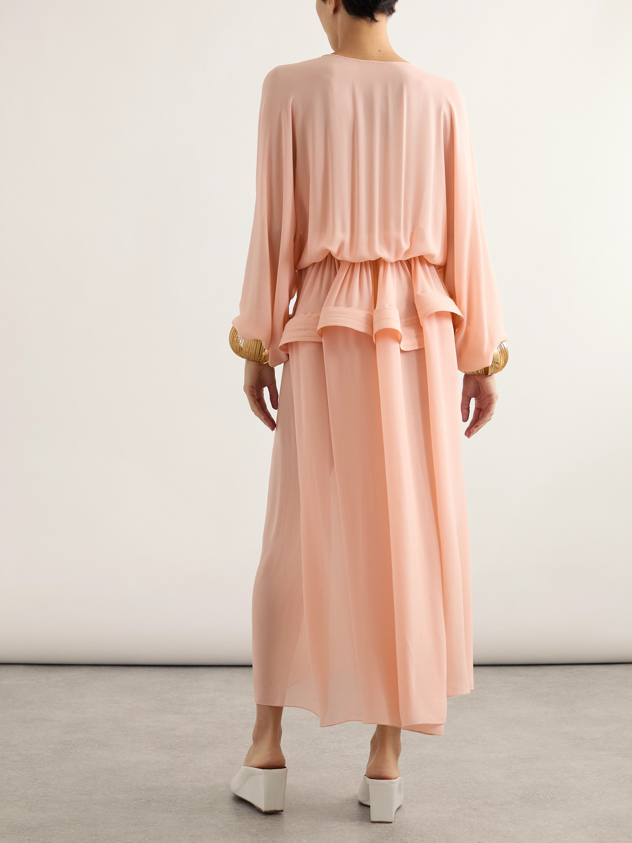 Shop Alaïa Gathered Georgette Peplum Midi Dress In Orange