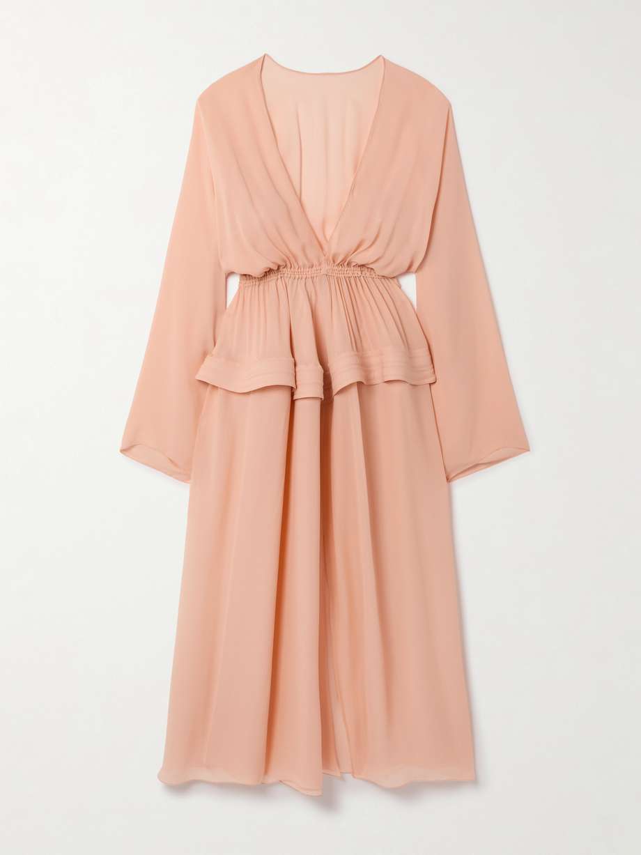 gathered georgette peplum midi dress
