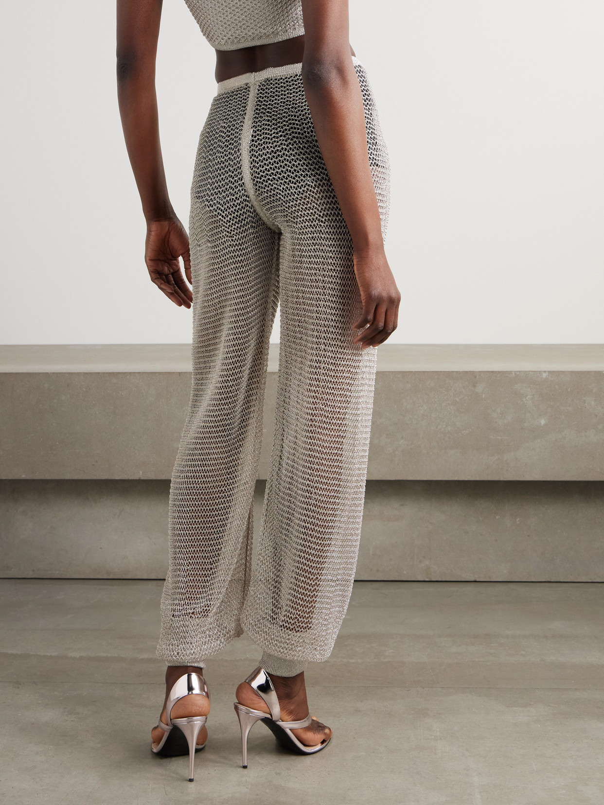 Alaïa Metallic Open-knit Wide-leg Pants In Silver